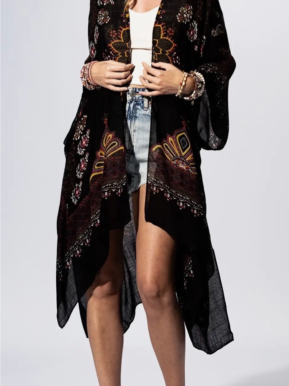 Black Floral Embroidered Sheer Kimono
